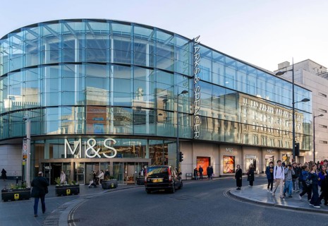 Glass fronted modern architecture Marks & Spencer department store, Lord Street, Liverpool One,