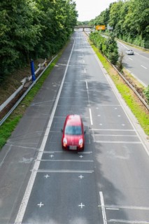 Test track for a fixed speed camera on a 4-lane road in Düsseldorf, Germany