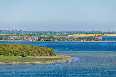View from the lighthouse to Orth, sea, Flügge, Fehmarn, Schleswig-Holstein, Germany
