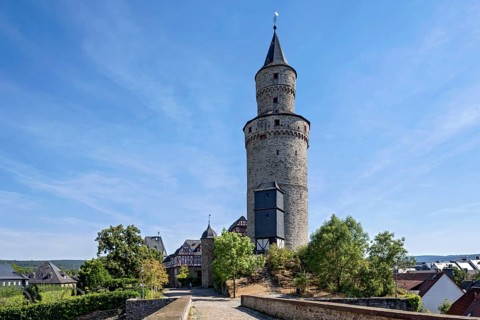Witches' tower, keep of Idstein Castle, butter barrel tower, front bridge over the Halsgraben,