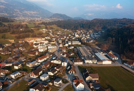Drone image, residential buildings, residential area, Schlins, Walgau, Vorarlberg, Austria
