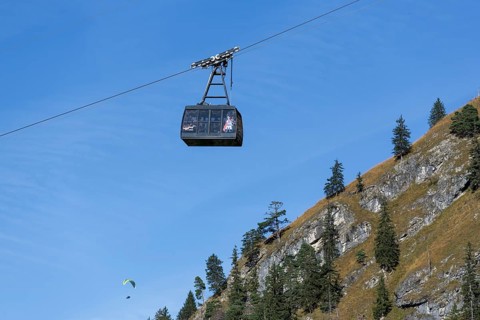 Floating cable car cabin above steep mountain landscape with pine trees, Tegelbergbahn, Schwangau,