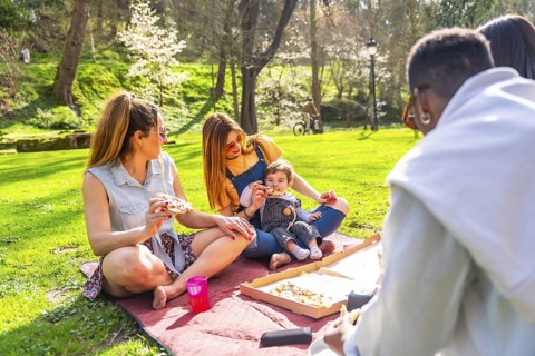 Group of friends and family members are sitting on blanket, eating pizza and enjoying sunny spring