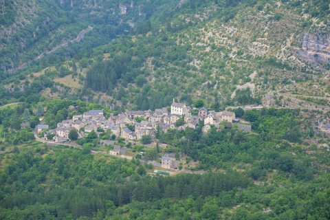 View to the village of Montbrun, mountain hike Les Moines, Gorges du Tarn Causses, Département