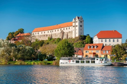 View over the river Saale to Wettin Castle and town, Lower Saale Valley nature park Park, Wettin,