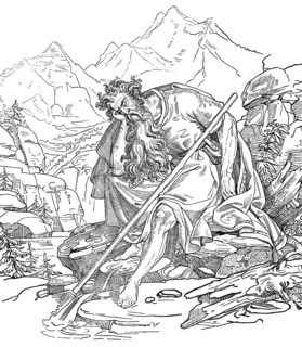 Folk tale of the giant in the mountains, giant full of sorrow sitting on rocks by a stream,