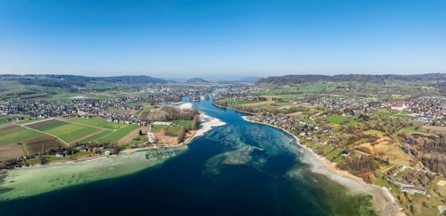 Aerial view, panorama of Lake Constance, Untersee, also known as Lake Rhine, at low tide, which