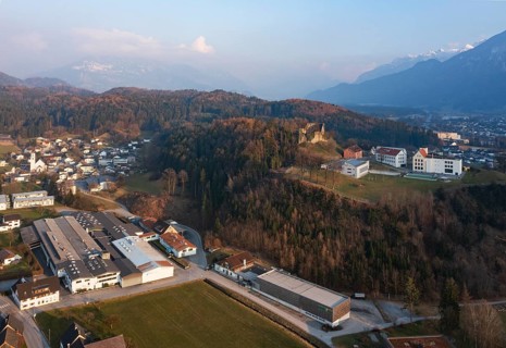 Drone image, residential buildings, settlement area, Jagdberg ruins, Schlins, Walgau, Vorarlberg,