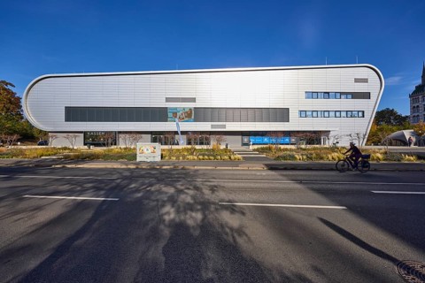 BallsportARENA Dresden, ball sports arena, modern architecture, deep blue sky with veil clouds,