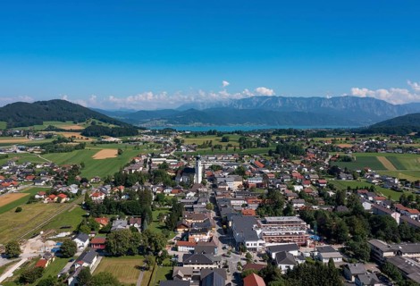 Drone shot, panorama shot, agricultural landscape, Sankt Georgen im Attergau, Salzkammergut,