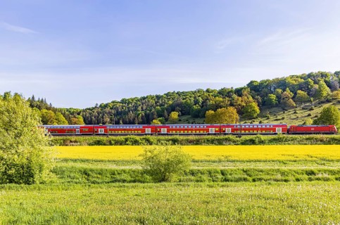 RegionalExpress RE5 to Friedrichshafen travelling over the Swabian Alb. Idyllic landscape near