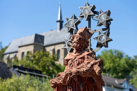 Statue of St Nepomuk, Baroque bridge saint, Nepomuk Bridge, Stone Bridge, Elbbach Bridge, above