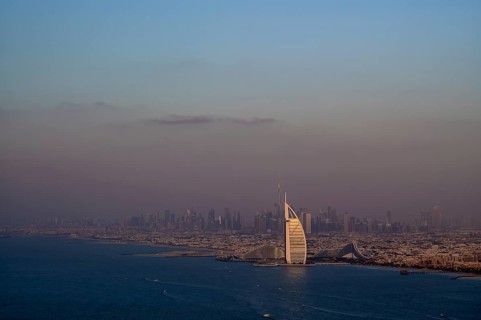 View from viewing platform The View At the Palm, on Hotel Burj al Arab, Burj Khalifa, Downtown,