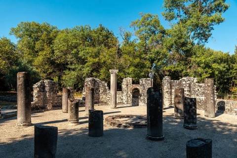 Remains of the baptistery in the archaeological ruins of Butrint or Butrinto National Park in