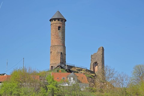 Round red tower of the castle built in the 11th century, spring, Kirkel, Bliesgau, Saarland,
