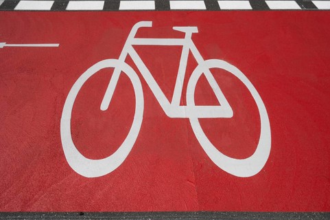 Striking red cycle path, Franconia, Bavaria, Germany
