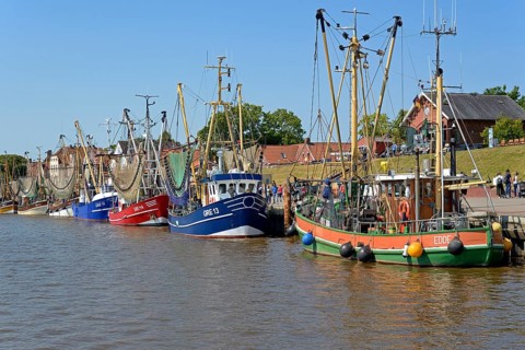 Crab cutter in the harbour of Greetsiel, blue sky, North Sea, Lower Saxony, Germany