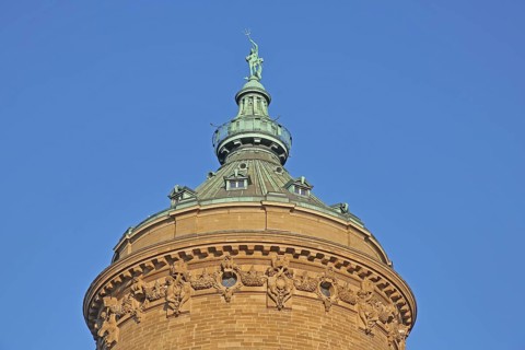 Top of the water tower built in 1889 with Amphitrite, Aphrodite, figure, landmark, detail,