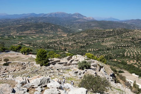 View of olive groves from the citadel, Mycenae, Greek archaeological site, Argolis, Peloponnese,
