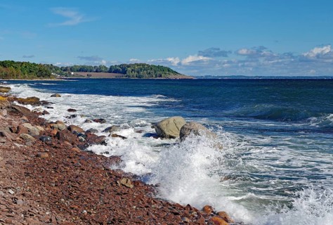 Calm beach with rocks and waves under blue sky and green landscape in the background, Tönsberg,