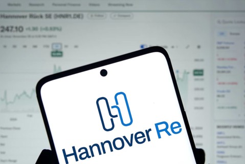 Hannover re logo is displayed on smartphone.Hannover Re is a reinsurance company
