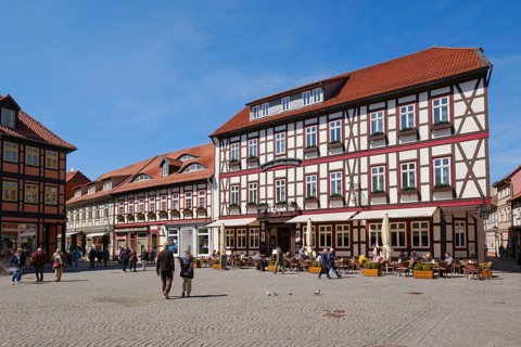 Hotel and restaurant at the market place, half-timbered houses, Wernigerode, Harz, Saxony-Anhalt,