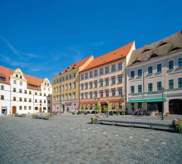 Market square with town houses and Mohren pharmacy, Torgau, Saxony, Germany