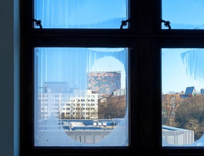 Condensation on the windows in the Martin Gropius Bau, view of Wilhelmstrasse and Berlin-Kreuzberg,