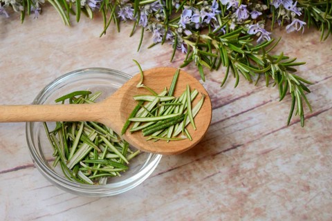 Rosemary, plucked rosemary leaves in wooden spoon and bowl