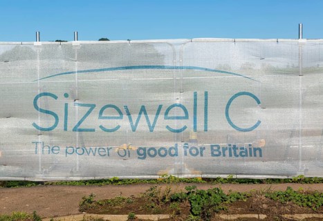 Sizewell C power station construction site screen for staff park and ride site, Wickham Market,