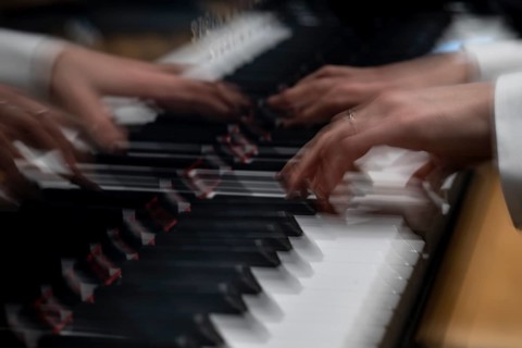 Moving hands of a young pianist playing on the keyboard of a Steinway & Sons grand piano,