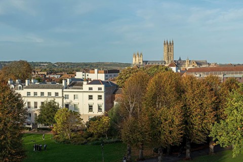 View of the Cathedral from Dane John Mound, Canterbury, Kent, England, United Kingdom