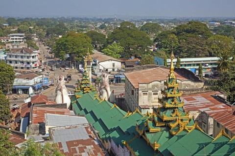 View over the city Pyay, Prome seen from the Buddhist Shwesandaw pagoda, Bago Region, Myanmar,