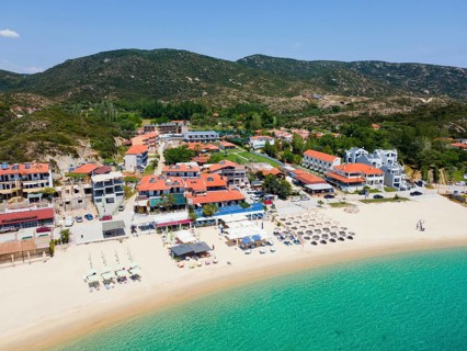 Aerial view, beach, Kalamitsi, Sithonia, Chalkidiki, Central Macedonia, Greece