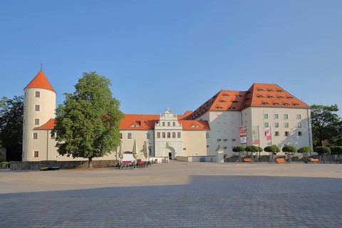 Castle Square with Renaissance Freudenstein Castle, Freiberg, Saxony, Germany