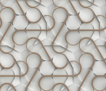 White 3D seamless wallpaper design with interwoven brown ribbon-like forms, presenting a modern and
