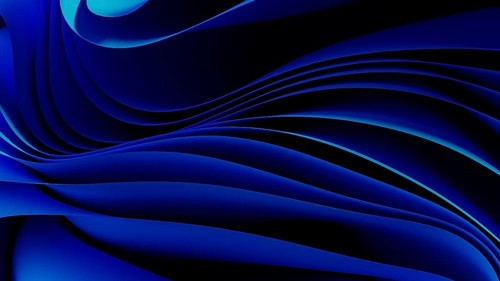 Smooth, flowing blue waves form an abstract background, resembling a digital landscape. The design