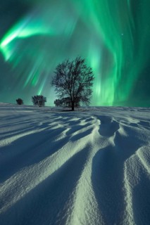 A spectacular display of green aurora borealis lights up the winter northern night sky above a