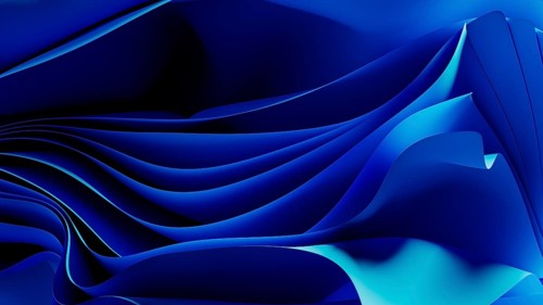 Smooth, flowing blue waves form an abstract background, resembling a digital landscape. The design