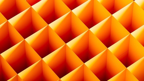 This graphic features an arrangement of 3D cubes in bright orange tones, forming an abstract