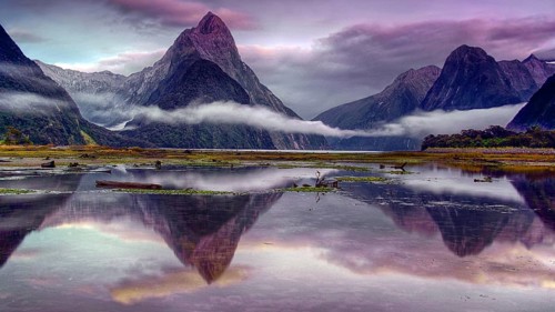 Milford Sound, fog, reflection, lake, South Island, mountains, New Zealand, Milford Sound, South