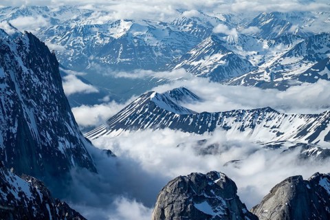 Snow and ice, epic mountains with glaciers, aerial view, Alaska Range, Denali National Park,