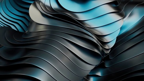 Close up of smooth, metallic wave patterns with blue light reflections, creating a futuristic and