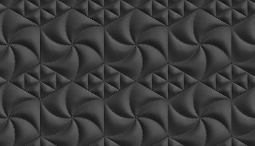 Modern black 3D wallpaper with textured leather hexagonal and rhombus-shaped soft panels, creating
