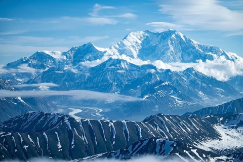 Panorama, clouds over high mountains, Mt Denali or Mount McKinley, aerial view, Alaska Range,