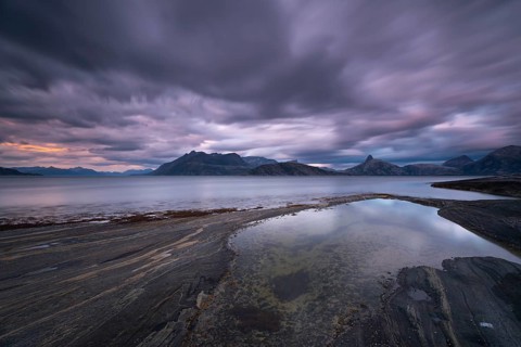 The Vestfjord in Nordland, Norway, offers a dramatic atmosphere near Bodø. Dark clouds are