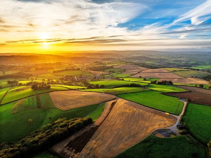 Colours of Devon Farms and Fields over Berry Pomeroy from a drone, Totnes, England, United Kingdom