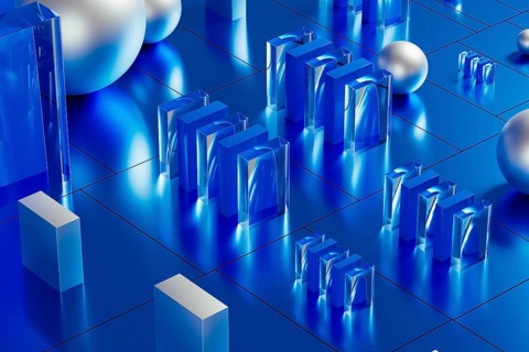 An array of geometric forms cast in blue illuminates a stunning 3D technological environment,