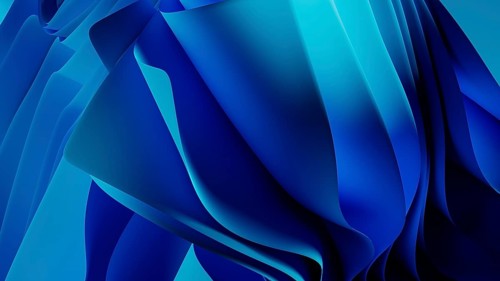 Smooth, flowing blue waves form an abstract background, resembling a digital landscape. The design