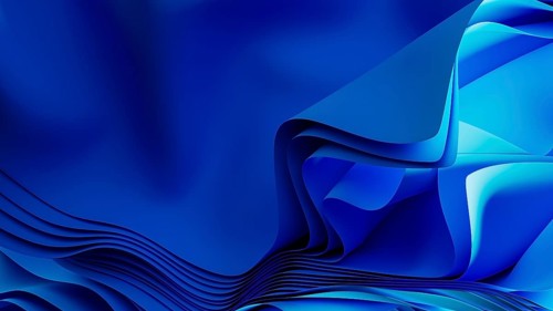 Smooth, flowing blue waves form an abstract background, resembling a digital landscape. The design